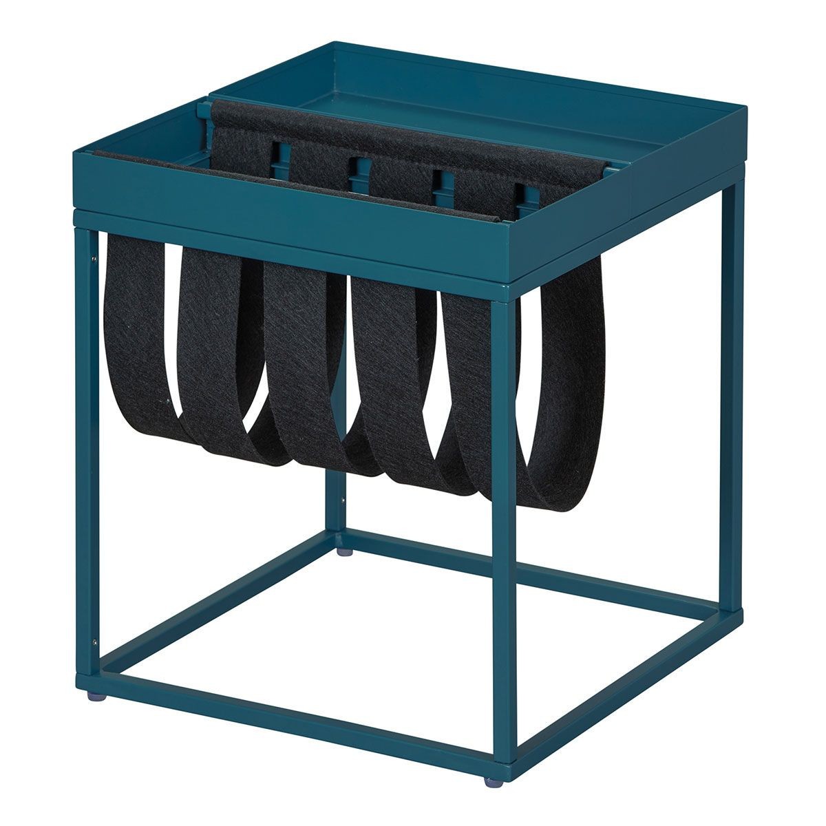 Table d'appoint bleu 40cm style design avec porte-magazine intégré en métal