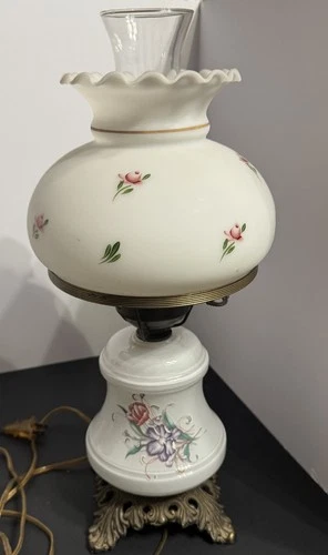 Vintage Double Globe Hurricane Hand Painted Rose Floral Milk Glass Lamp 3-Way