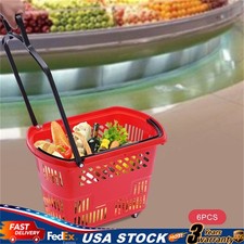 Rolling Shopping Basket Set set of 6 Red Shopping Carts Handle Wheels 35L