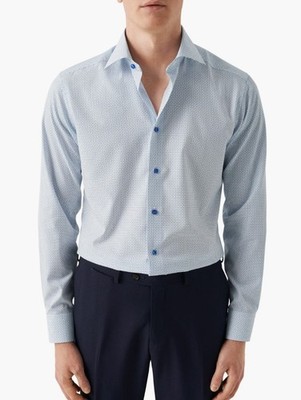 Eton Slim Fit Micro Geometric Cotton Twill Dress Shirt 17.5 R, BLUE