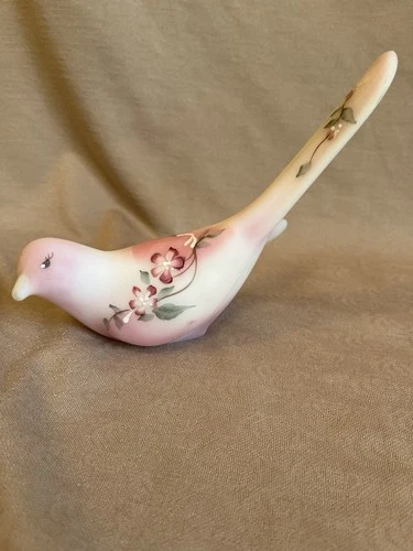 Fenton Art Glass Pink Burmese Bird Painted by M Lemon & Signed Shelly Fenton