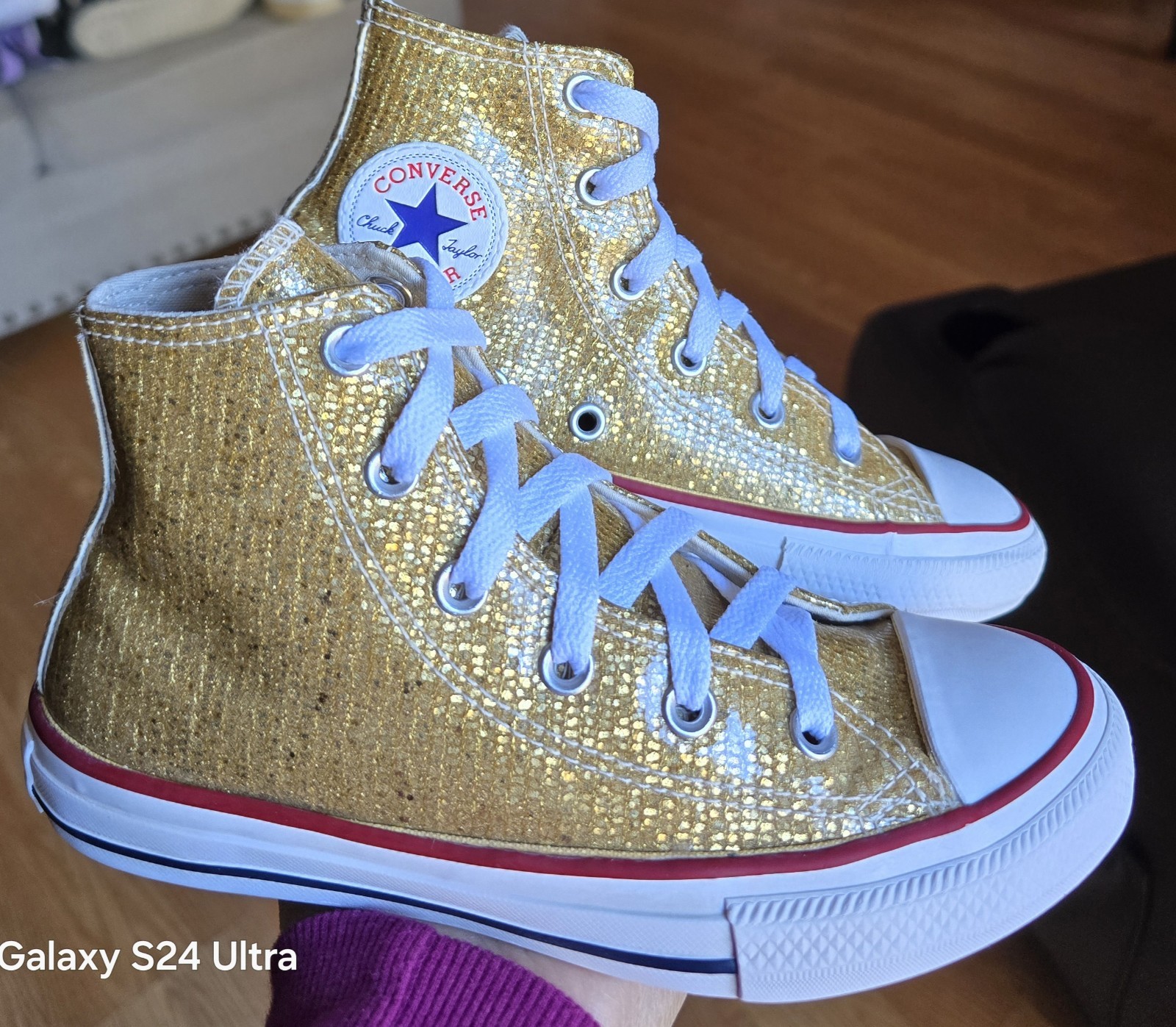 QSz 1 Little Girl's CONVERSE CTAS HI SPORT GOLD SPARKLE Casual Shoes thumbnail 3