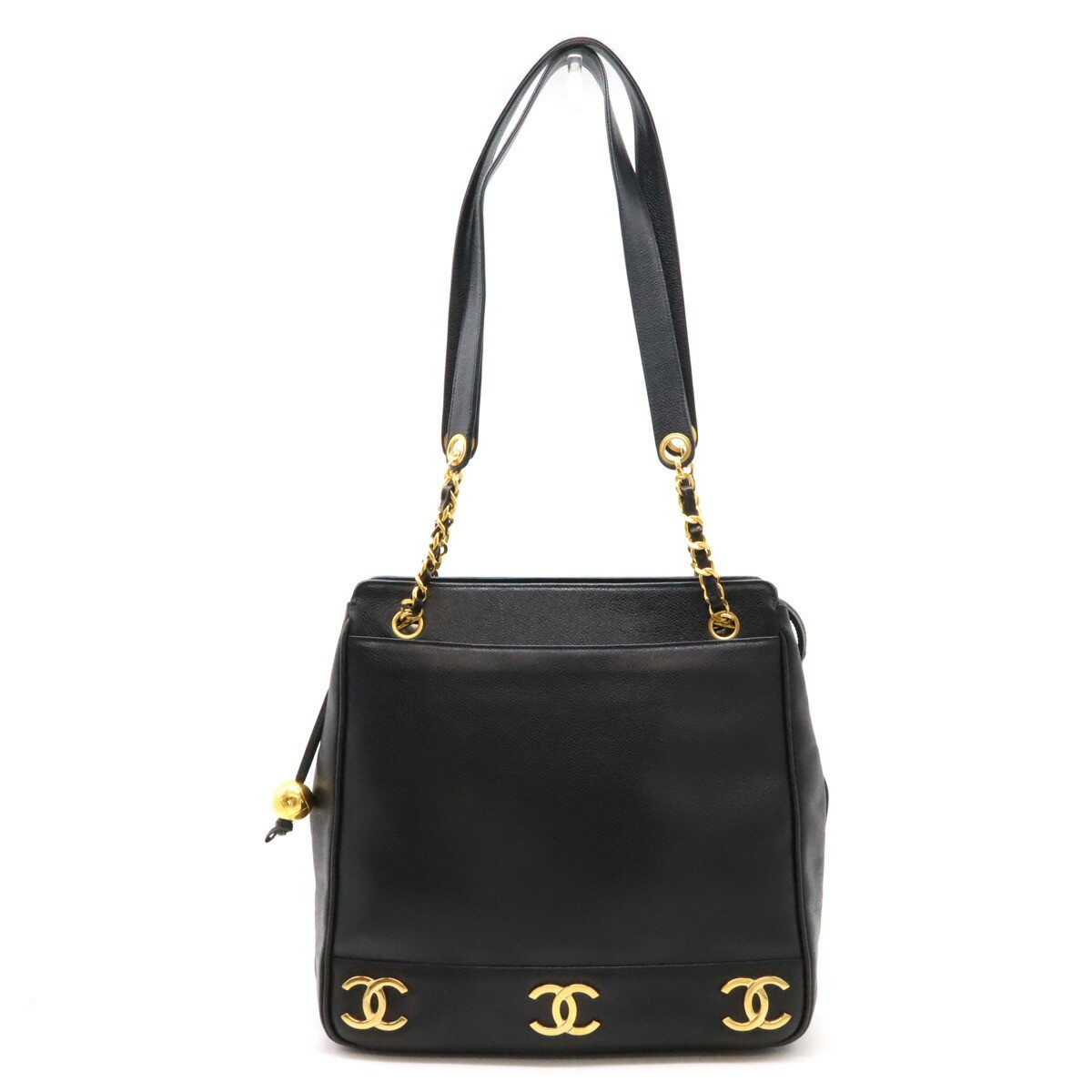 Chanel Coco Mark Triple Chain Shoulder Tote Bag in Black with Gold Hardware