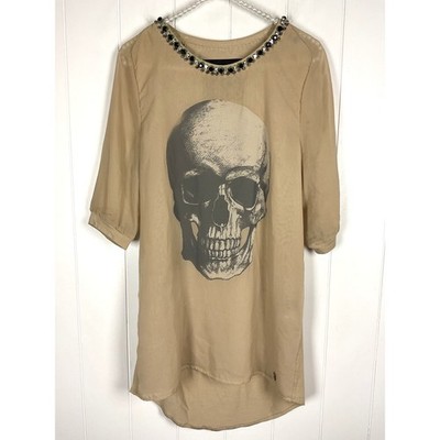 Philipp Plein Couture Skull  Tan Jeweled Trim Mini Dress/Tunic Size Small