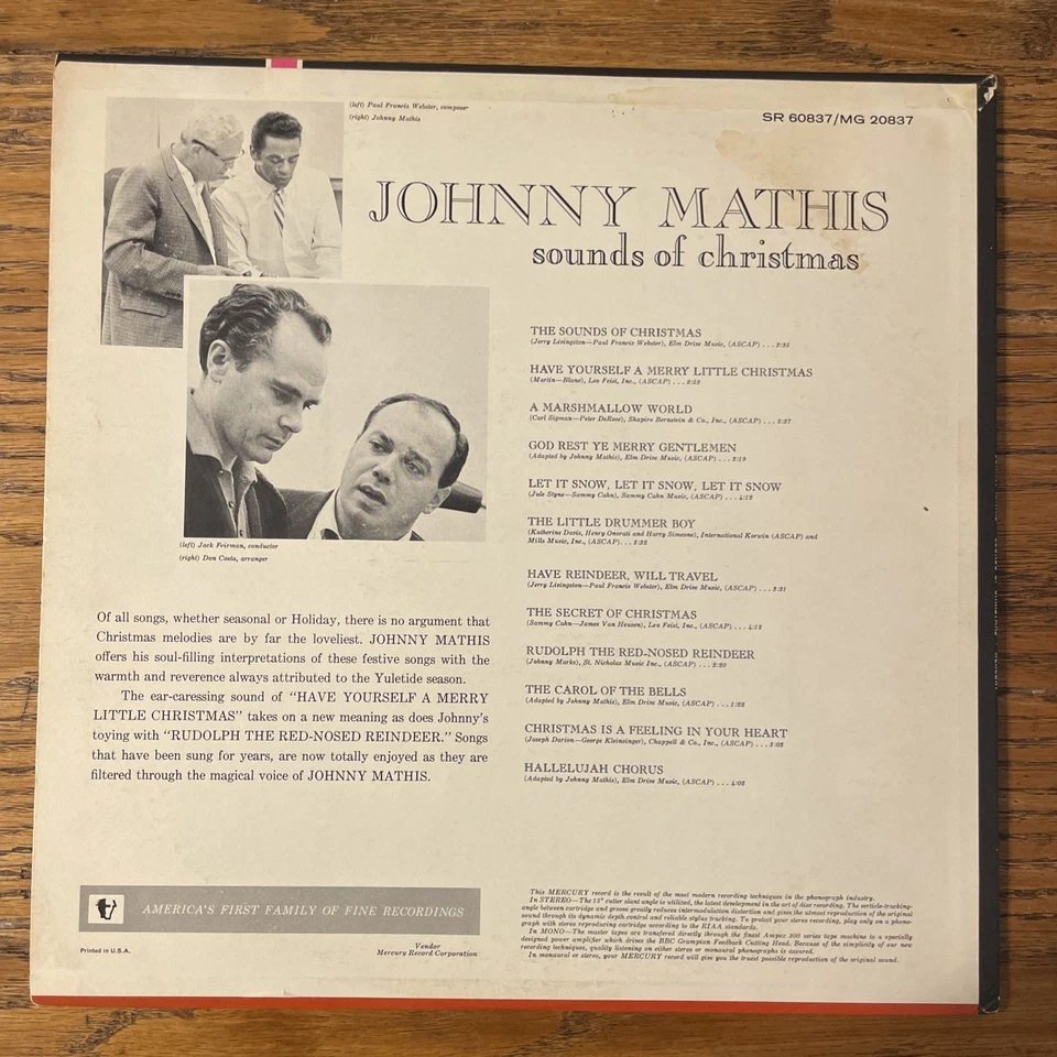 Johnny Mathis Sounds Of Christmas LP Mercury stereo Holiday VG+!!!! - Image 4 of 4