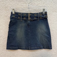 90s Y2K Vintage Denim Mini Skirt 0 2 24 25 XS Grommet Belted Mid Rise Boho Fairy