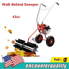 1.7hp Gas Power Walk Behind tractor dirt snow Sweeper Broom Driveway Walkway USA