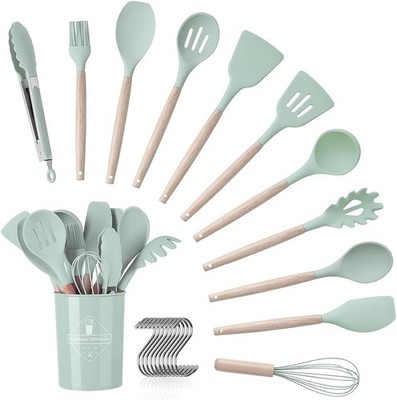 Kitchen Utensil Set, 12 Pieces, with Cutlery Box, Silicone Wooden Handle Kitchen