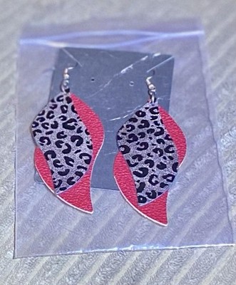 Red Leopard Print Faux Leather Earrings Layered Teardrop Boho Lightweight - NEW