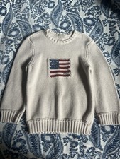 Polo Jeans Co. Ralph Lauren Boys L Beige Cotton Knit USA Flag Pullover Sweater