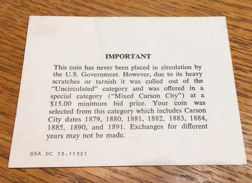 Genuine Small GSA Certificate Card for Non Uncirculated CC Morgan Silver Dollar