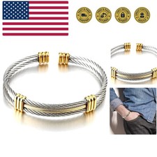 Men Women Stainless Steel Twisted Cable Adjustable Cuff Bangle Bracelet