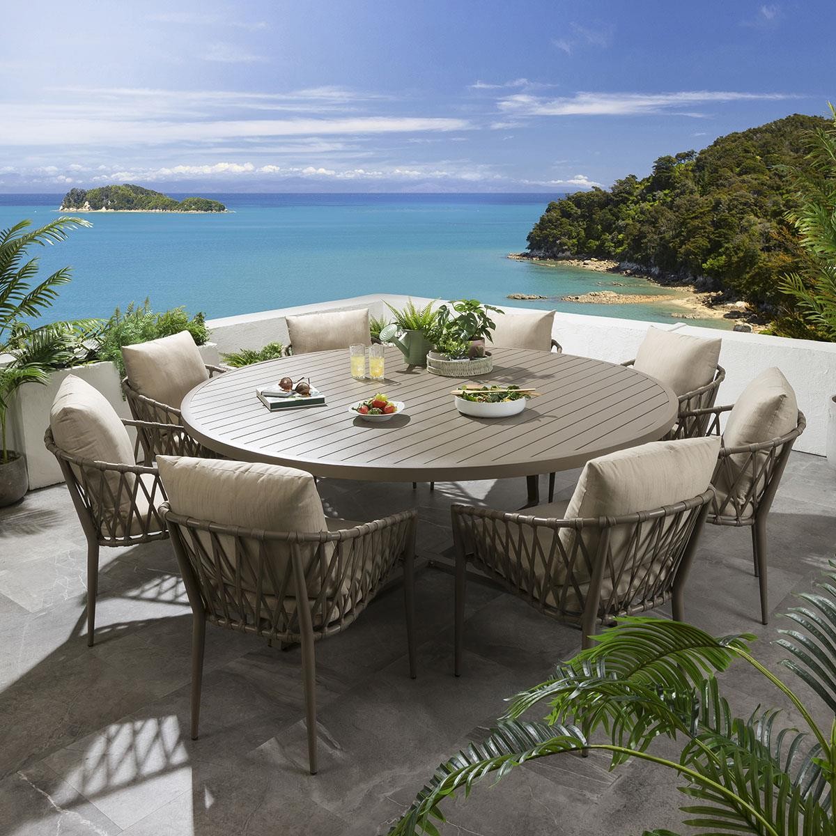 Large Round Outdoor Dining Set Seater Beige Garden Table and Chairs