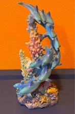 Dolphins Swimming Around BEAUTIFUL Coral Statue 16"With Sea Life Figurine NO BOX