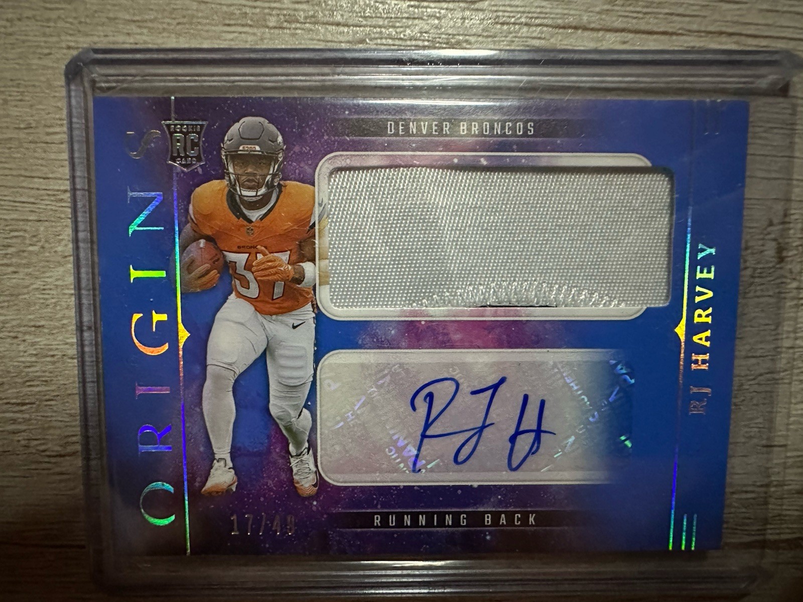 2025 Panini Origins RJ Harvey RPA Jumbo Auto Blue #17/49 COLOR MATCH SUPER BOWL