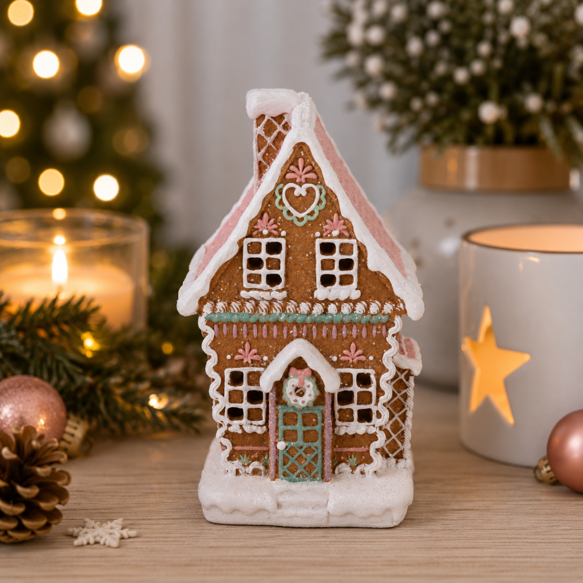Gisela Graham Pastel Light Up Gingerbread House Christmas Decoration Homeware