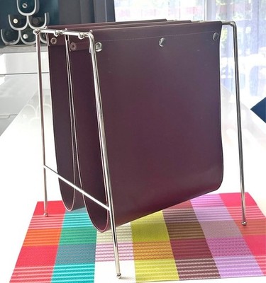 60s Jacques Adnet Style Leather Grain Vinyl Chrome Magazine Rack