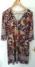 Linea Tessini 16 UK Beige Blue Brown Floral Stretch Shift Dress Lace Up Neckline