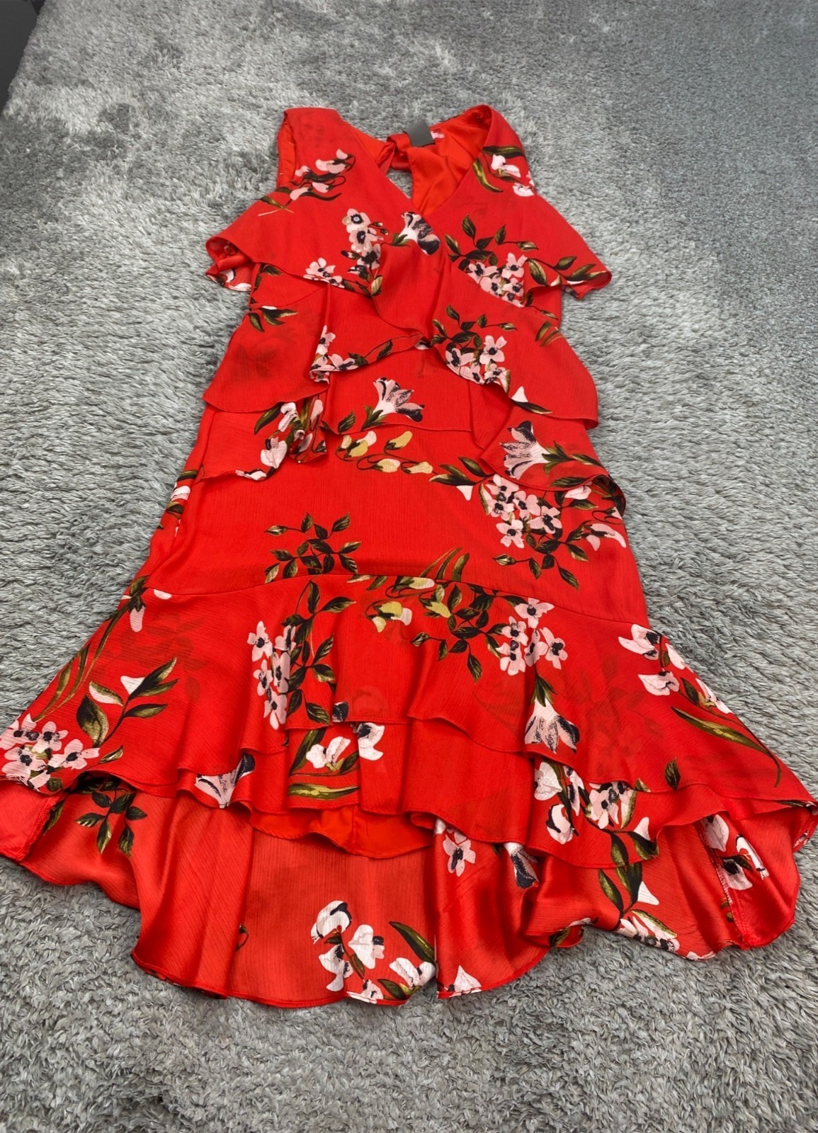 Taylor Dress Women 6 Red Floral Hi Low Ruffle Tiered Sheer Midi Sundress Artsy