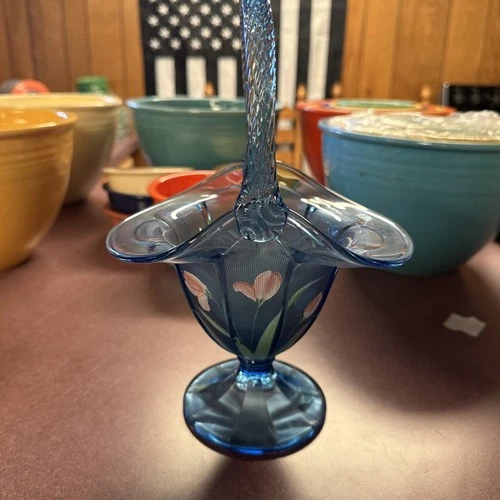 Fenton Blue Art Glass Hand Painted Decorative floral Pedestaled Basket, Signed