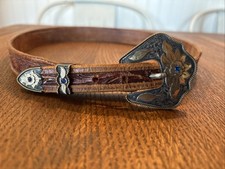 Silver Overlaid 3 Piece Belt Buckle On Leather Belt Mexico Size 28