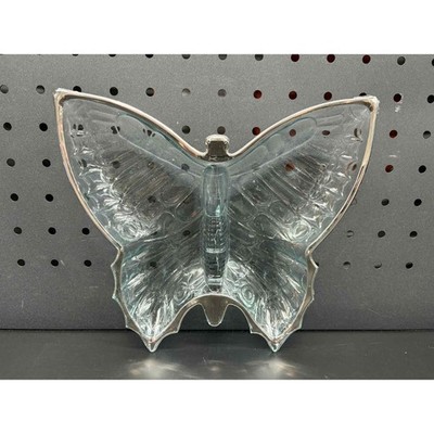 Jeanette Glass Clear Large Butterfly Dish - Silver Trim - Great Condition