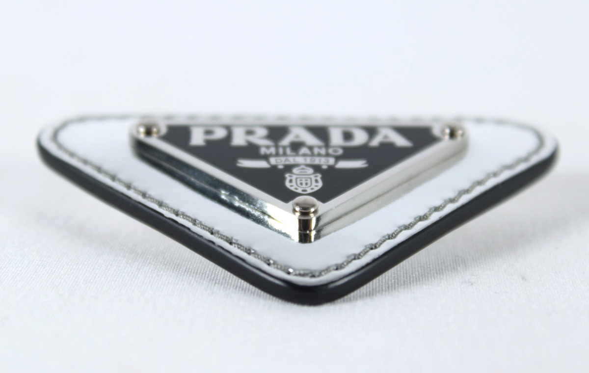 PRADA Silver Brushed Leather & Black Enamel TRIANGLE Logo Pin