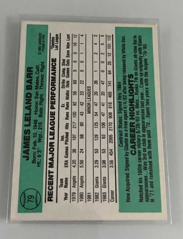 1984 Donruss Jim Barr #79 Auto Autograph Signed San Francisco Giants - Image 2 of 2