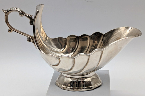 English Silver Shell Shaped Gravy Boat Ornate Handle Felt Bottom