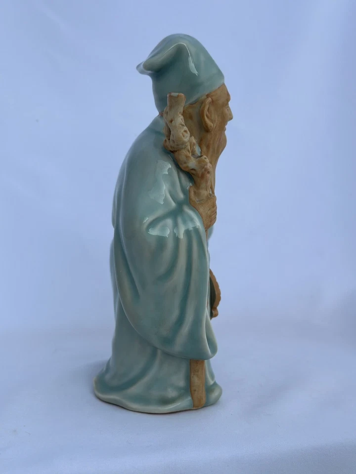 Винтажная японская керамическая фигурка Селадон Jurojun Lohan Kutani Mark 9 дюймов - Изображение 2 из 4