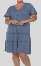 White Mark Women's Blue Tiered V-Neck Faux Button-Up A-Line Dress Plus Size 1XL