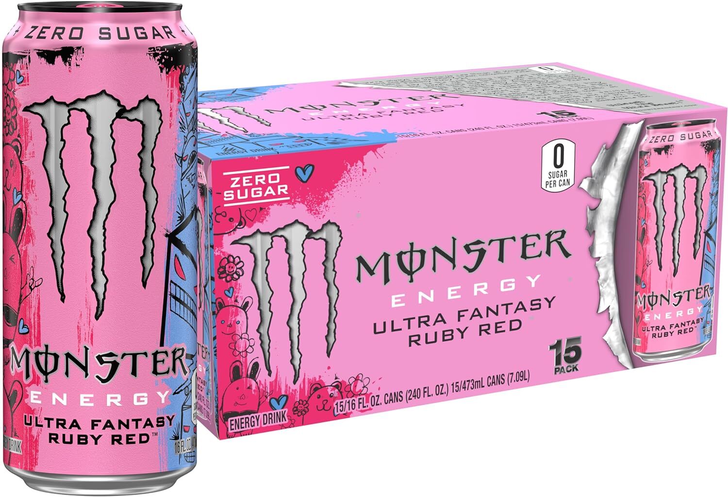 (paquete de 15) pomelo rojo rubí Monster Energy Ultra Fantasy, cero azúcar, 16 oz Fl