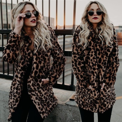 Damen Mittellange Fleecejacke Leopardenmuster Kunstfell Mantel Mantel - Bild 7 von 23