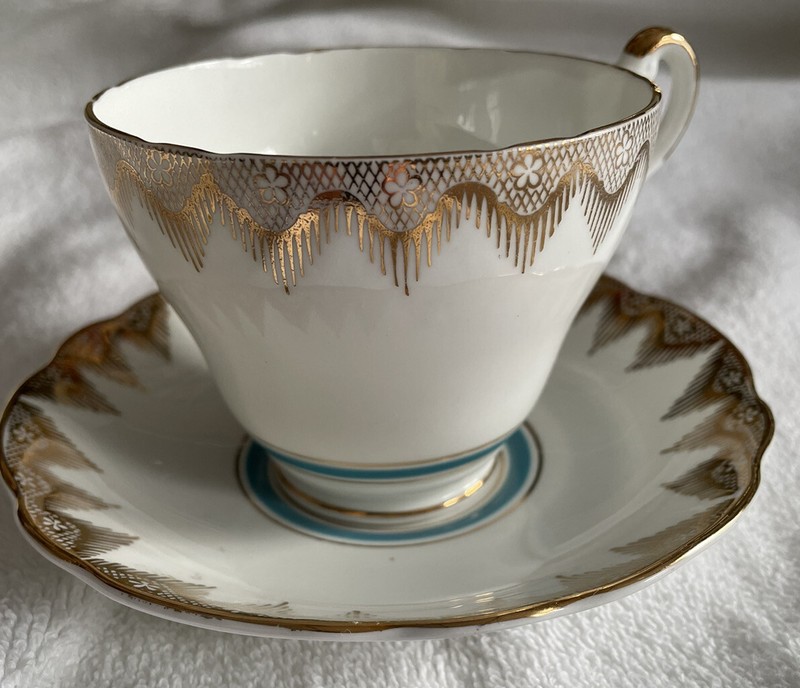 Vintage Regency Bone China Teacup & Saucer Turquoise & Gold Trim