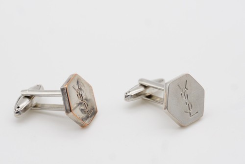 Yves Saint Laurent Vintage Classic Logo Hallmark YSL Hexagon Cufflinks Silver - Picture 5 of 8