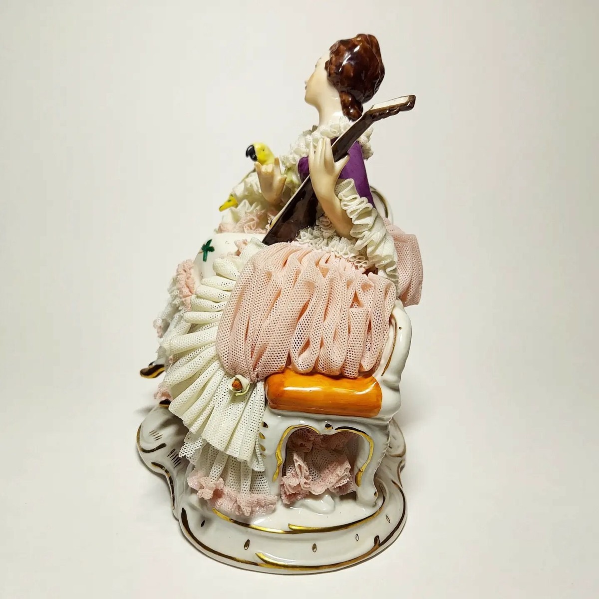 Vintage Dresden Art Porcelain Lace Figurine Woman Playing