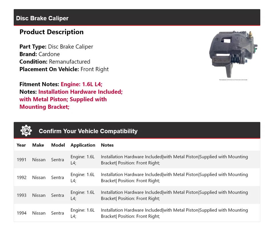 Pinza de freno de disco delantera derecha cardone 1992 para Nissan Sentra 1991-1994 1,6 L L4 Foto 2 de 4