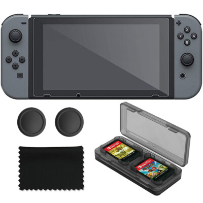 For Nintendo Switch Screen Protector Tempered Glass, Game Case, Analog Caps