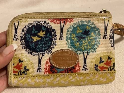 Fosssil Purse Wristlet Wallet Yellow Trees Birds - Picture 2 of 5