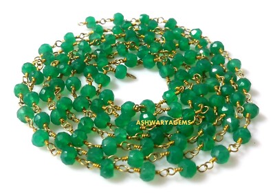 Green Onyx Faceted 3-4mm 24k Gold Plated Beads Rosary Beaded Chain Wire 3 Feet