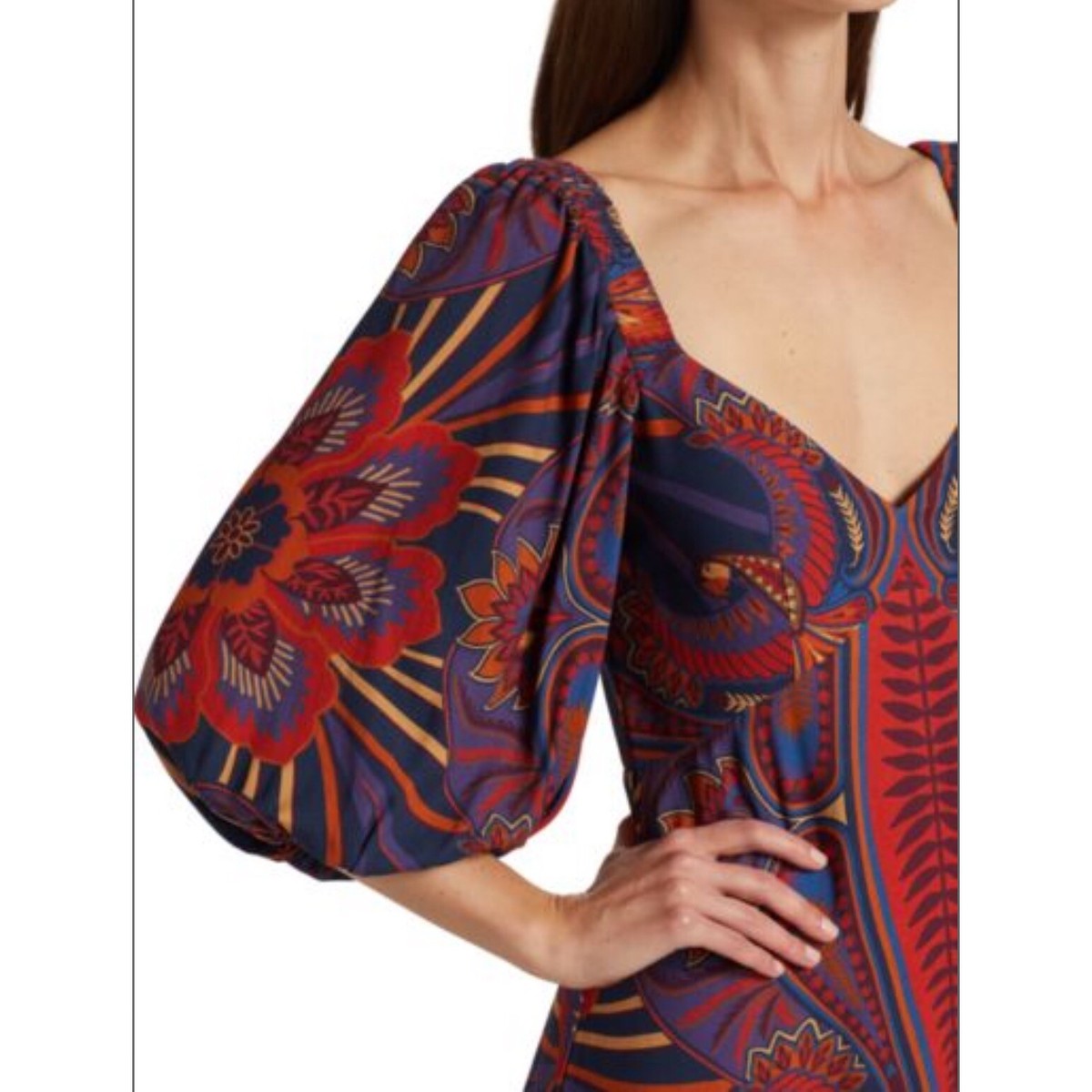 Farm Rio Anthropologie Macaw Arabesque Midi Dress Puffed Sleeves Boho Sz XS  NWT