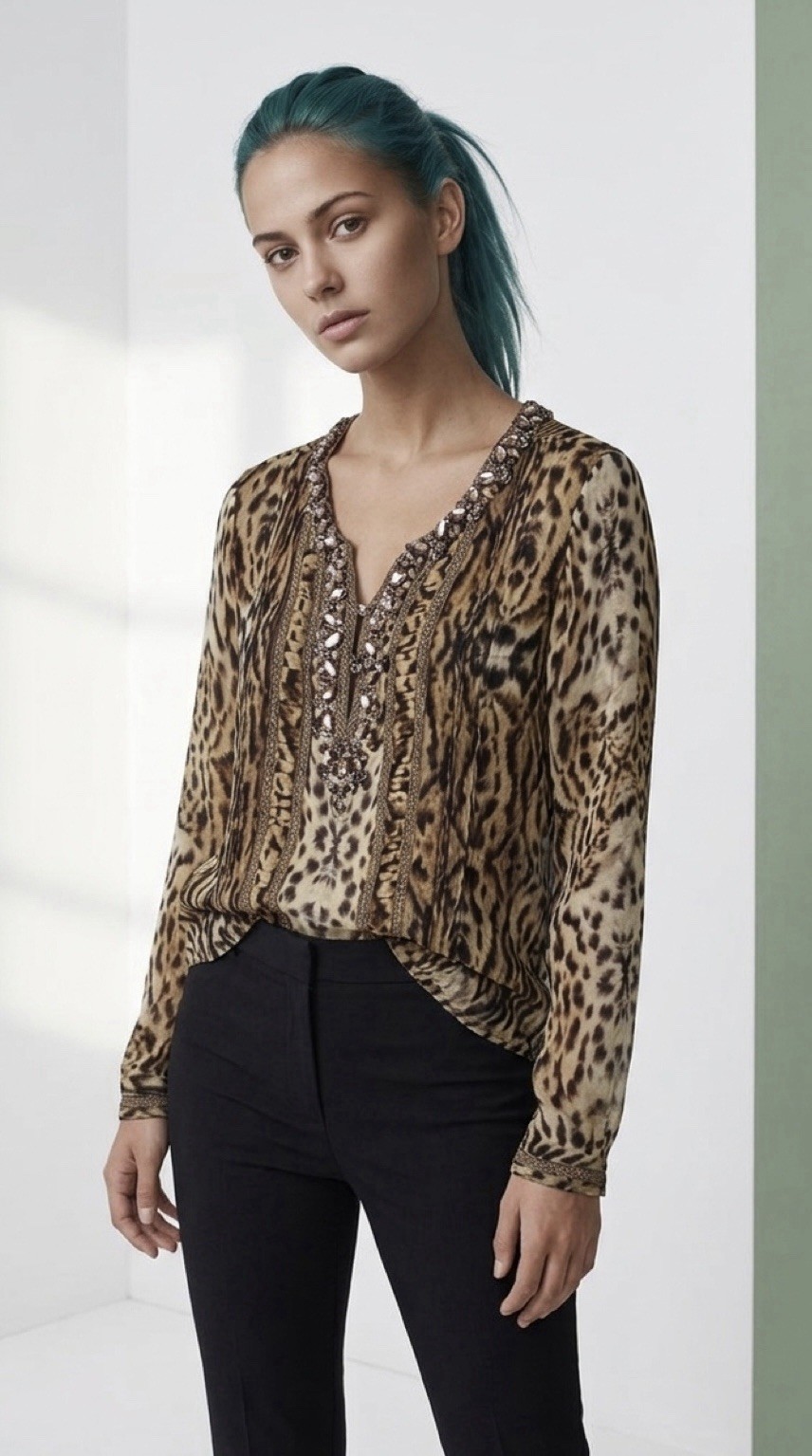 Oscar De La Renta Women’s Size 4 Beaded Animal Print Silk Blouse Made In USA