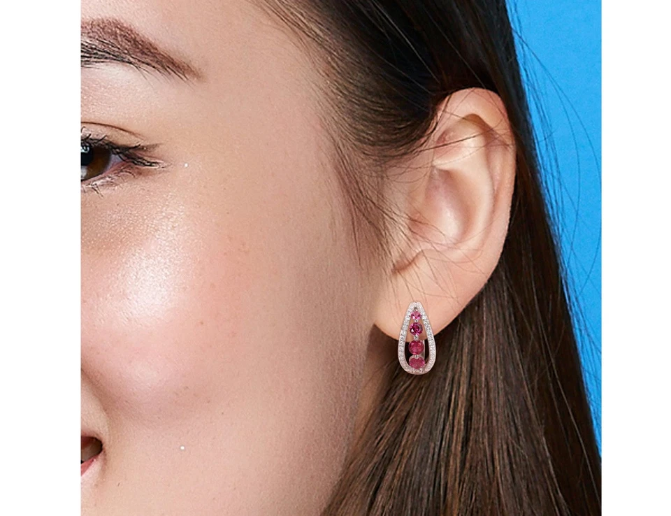 1.78 Carat (ctw) Lab-Created Ruby Hoop Earrings 14K Gold with Created Diamonds - Image 2 of 4