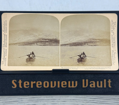 Stereoview Underwood Prof. Heilprin Boat Mont Pelee Martinique c.1902