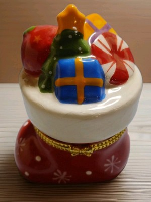 Vintage Retro Avon Trinket Box Ceramic Multi-color Christmas Stocking 3.5 x 2.5 