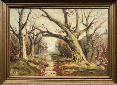 Impressionist Waldlandschaft mit Weg und kahlen Bäumen Ölgemälde 109x79cm