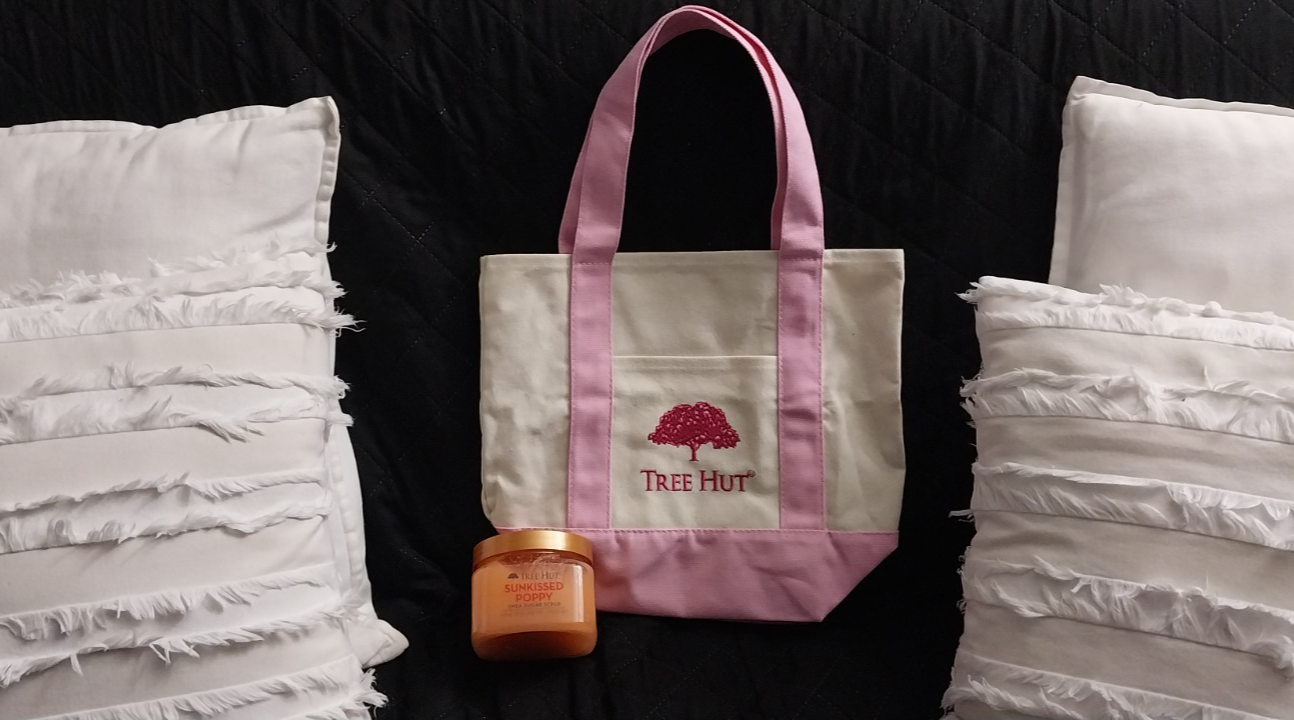 Tree Hut Pink Ivory Canvas Tote with Shea Sugar Scrub Gift Set