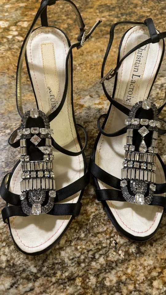 CHristan Lacroix Black Silk Satin Rhinestone Embellished Size 8.5 - Image 2 of 4