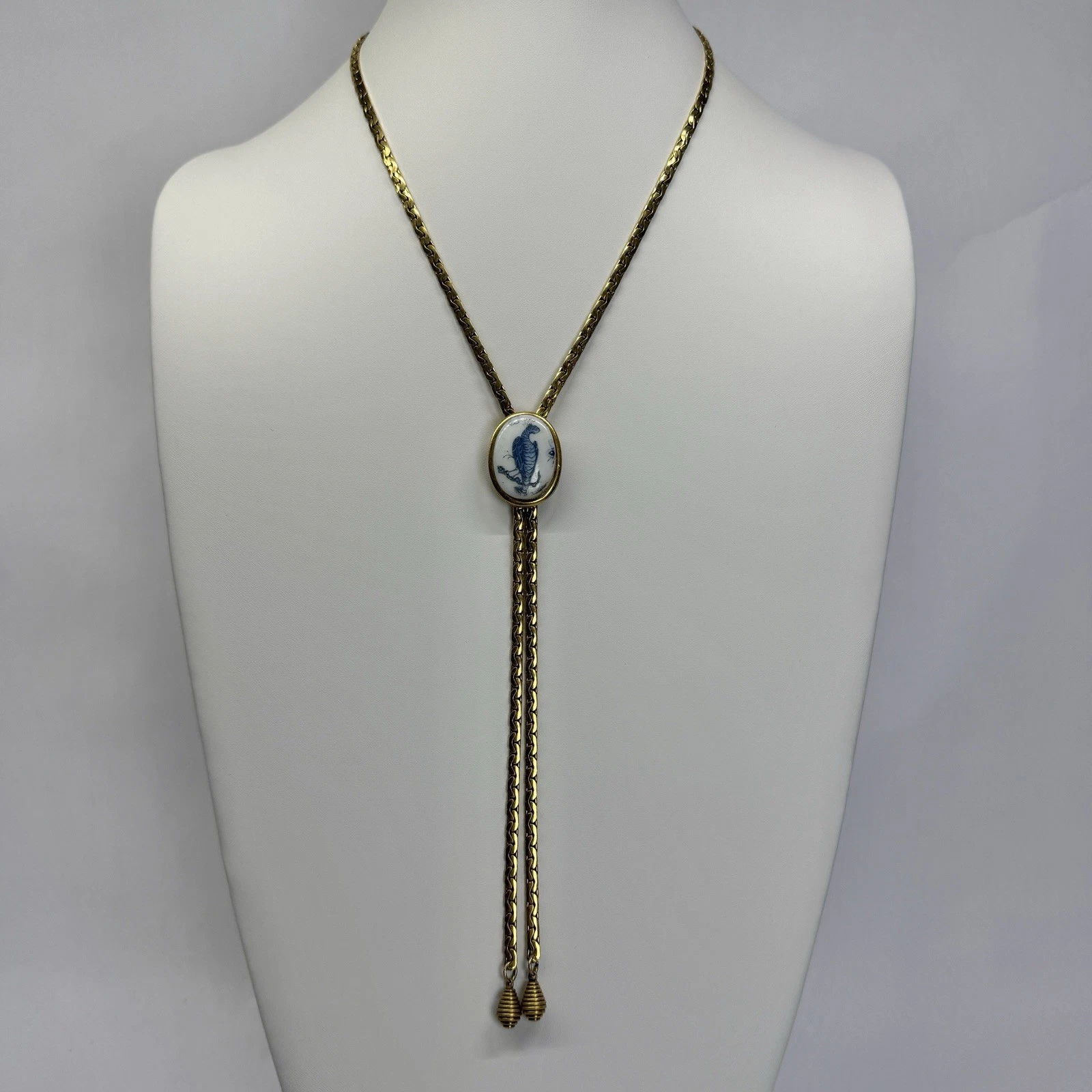 GOLDETTE Peacock Porcelain Lariat Gold Tone Vintage Necklace Jewelry N224