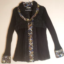 Sioni Anthropologie Black Cardigan Sweater Floral Embroidery Wool Mohair Women M